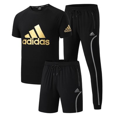 現貨熱銷-Adidas愛迪達運動套裝2021春夏款圓領短袖短褲收口束長腳三件套男