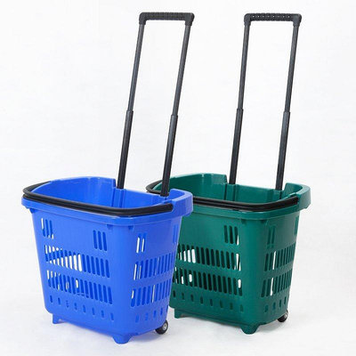 【熱賣下殺價】超市購物籃拉桿帶輪手提籃 野餐籃子買菜塑料筐購物車 兩輪菜籃子