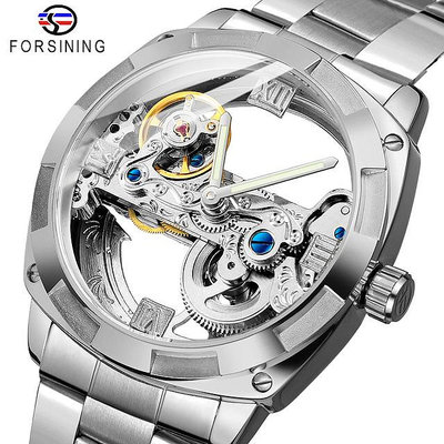 Forsining 2023新款銀色方形男士透明自動機械錶不鏽鋼帶手錶