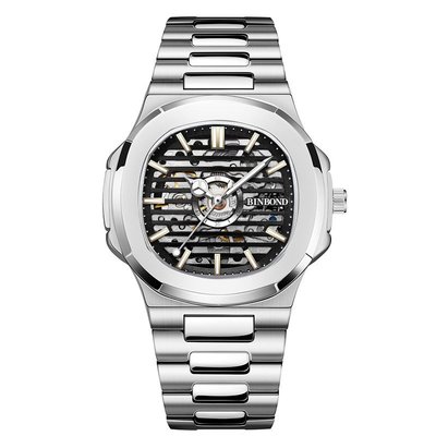 手錶賓邦方形商務黑科技手表男士精鋼帶夜光鏤空全自動機械表男表