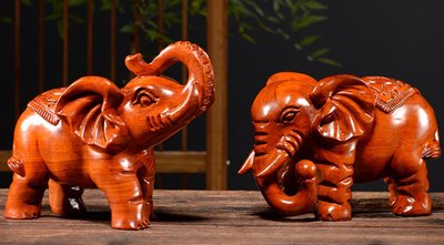 花梨木木雕大象擺件一對 手工雕刻工藝品福財象大象擺飾 吉祥象木製雕刻裝飾品開業禮品居家擺件