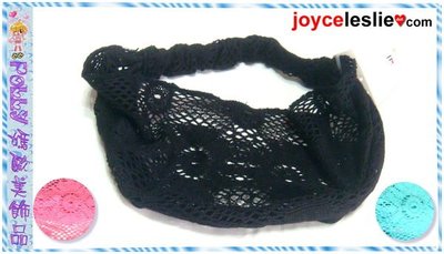 ☆POLLY媽☆歐美joyceleslie棉線編織花朵菱格鏤空寬版髮帶~黑色、珊瑚粉、水藍色