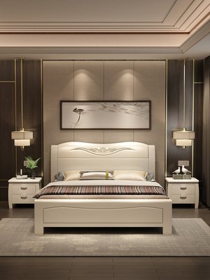 特賣-現代簡約白色實木床主臥1.8米中式雙人床1.5米經濟型橡木儲物婚床