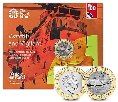 【熱賣精選】英國 2018年 空軍佰年 直升機 2英鎊 官方卡裝 雙金屬紀念幣 BU級