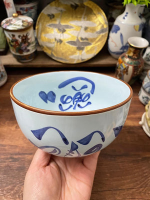 x日本回流瓷器手繪釉下彩青花達摩青瓷大面碗湯碗米飯碗