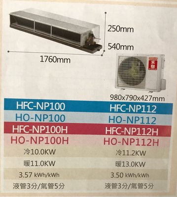 禾聯HERAN變頻一對一吊隱式冷氣機 HFC-NP100/HO-NP100 (批發價不含安運.刷卡可分期零利率)