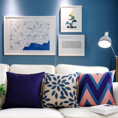 靠枕 抱枕 靠墊藍色幾何圖案靠墊北歐棉麻現代簡約抱枕套樣板房家用客廳沙發靠墊正品 促銷