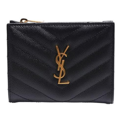 【全新正品】YSL MONOGRAM系列V字縫線小牛皮金色金屬LOGO暗釦短夾/對折短夾/零錢包/575879(J.F)