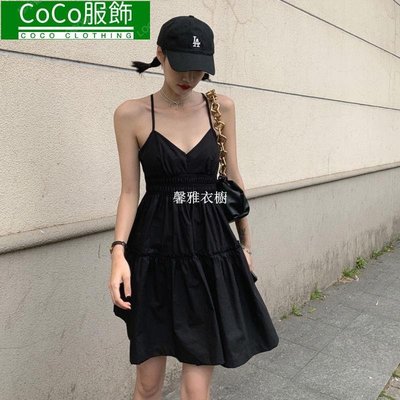 黑色小可愛無袖洋裝 23427V領小心機收腰蓬蓬大擺女~CoCo服飾