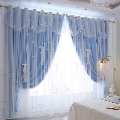 雙層遮光鏤空星星窗簾輕奢現代簡約掛鉤式客廳臥室陽臺星空飄窗簾