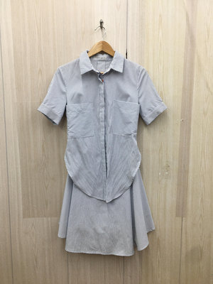 ［愛莎&嵐］OUWEY 歐薇 女 藍色短袖襯衫式條紋洋裝/M 11303 29