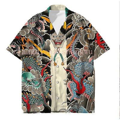 現貨：男士夏威夷襯衫武士日本紋身 3d 印花般若襯衫男士時尚夏季原宿休閒超大襯衫