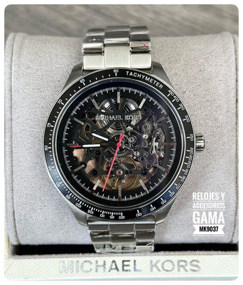 MICHAEL KORS Merrick Automatic 黑色鏤空錶盤 銀色不鏽鋼錶帶 男士 自動機械錶 MK9037