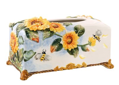 歐式 浮雕向日葵陶瓷造型面紙盒 手繪太陽花蜜蜂田園藝術創意紙巾盒抽紙盒面紙盒衛生紙盒擺件禮物