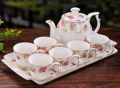 4452A 歐式田園玫瑰花茶壺組 茶壺茶杯組附盤 下午茶壺套裝一壺六杯 歐風陶瓷壺咖啡壺茶杯