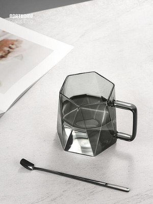 黑鑽石玻璃杯馬克杯咖啡杯子帶勺把手耐高溫輕奢玻璃辦公室水杯 X