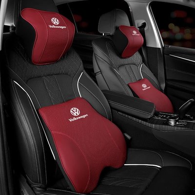 ��Volkswagen logo TIGUAN PASSAT皮面透氣座椅套護頸枕記憶棉腰靠汽車坐墊