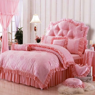 標準雙人床罩 公主風床罩 愛的花語 粉紅 蕾絲床罩 結婚床罩 床裙組 荷葉邊床罩 緹花床罩 蕾絲床組 被套 床罩 四件組