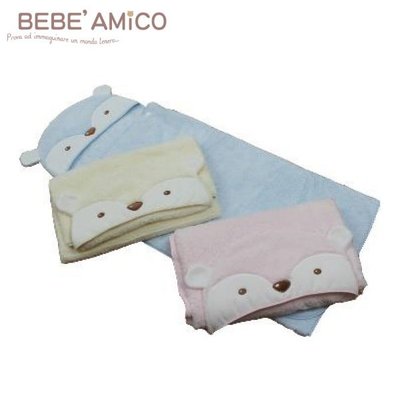 bebe Amico 浣熊連帽開纖速乾浴毯-粉色/藍色/黃色【悅兒園婦幼生活館】