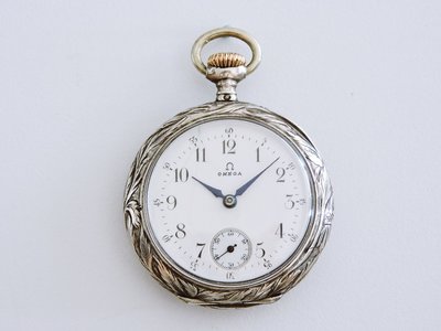 1910S 典藏 OMEGA 歐米茄 純銀雕花紋古董機械懷錶