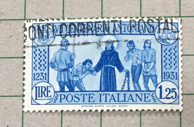 【郵卡庫2/宗教】義大利1931年SC262，1.25里拉里斯本的聖安東尼逝世700年~解放奴隸，貼痕舊票 SP8587