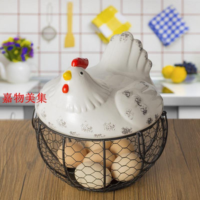 【現貨】陶瓷雞蛋籃 水果籃 大蒜土豆雜物藍 陶瓷廚房裝飾 創意母雞收納鐵編籃