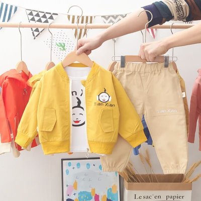 現貨熱銷-男童秋裝套裝2021新款女寶寶三件套4歲長袖外套春秋衣服卡通韓版3