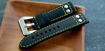 24mm 22mm 20mm直身Hamilton的新衣,軍錶飛行風格鉚釘黑色真皮錶帶seiko 黃色縫線