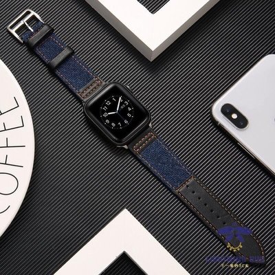 現貨熱銷-蘋果手錶錶帶 適用於 apple Watch 5代 牛仔布+真皮錶帶 iWatch4/3/2/1代 運動錶帶