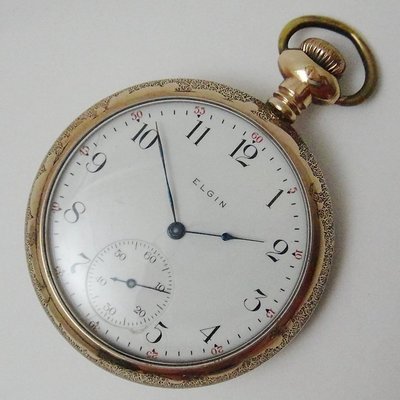 【timekeeper】 1900年代美國製Elgin艾爾金七石包金花卉鐫刻懷錶(免運)
