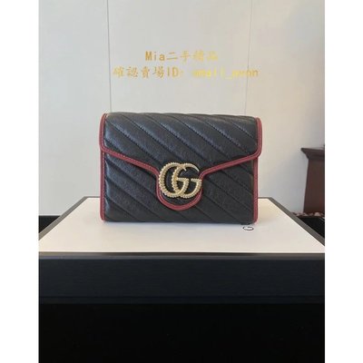 【二手正品】Gucci 古馳 573807 0OLFX GG Marmont 拼色皮革鏈條包 WOC 鏈帶包 黑/紅