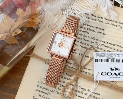現貨COACH CASS系列 網緻精鋼錶帶 茶玫瑰方框手錶 女錶 腕錶 購美國代購Outlet專場 可團購明星同款熱銷