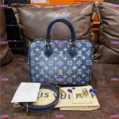 二手精品 路易威登 LV Speedy25 丹寧 牛仔布 手提單肩包 斜挎包 波斯頓包 藍色 M59609