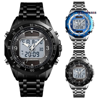 💪💪魅力男士館 太陽能雙顯電子錶創意款屏上指針鋼帶時尚運動手錶