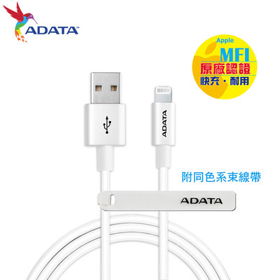 ADATA 威剛 充電線 傳輸線 USB-A 對 Lightning Apple適用 白色 (AD-A2LT-1M-W)