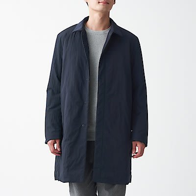 全新專櫃真品MUJI無印良品時尚雜誌型男冬日限定深藍色潑水加工鋪棉保暖折領長大衣外套/M號