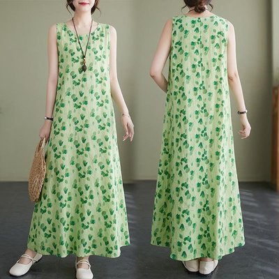 虞姬服飾-連衣裙 長裙大尺碼夏季藝文復古寬鬆印花無袖長款套頭背心綠色洋裝 顯瘦連身裙 大碼洋裝