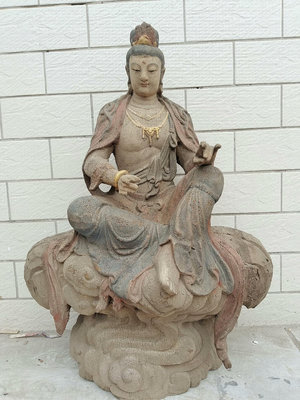 【二手】 木雕彩繪觀音菩薩坐像，自在觀音菩薩像，高80cm。283 藏傳 佛像 唐卡【南庭玉】
