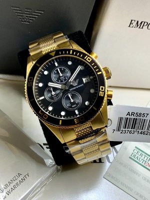 EMPORIO ARMANI 黑色錶盤 金色不鏽鋼錶帶 石英 三眼計時 男士手錶 AR5857