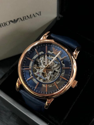 EMPORIO ARMANI Meccanico 藍色鏤空錶盤 藍色皮革錶帶 男士 自動機械錶 AR60050