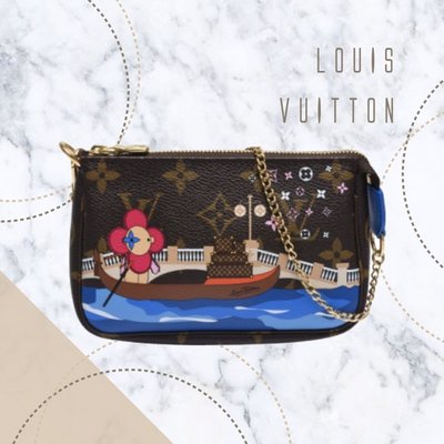 【哈極品】未使用品 《Louis Vuitton LV 限定款 老花字紋 威尼斯圖案 金鍊小包 麻將包》