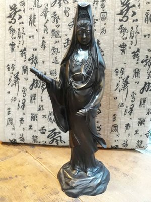 古早味　早期懷舊  日本古美術 銅雕 大型44cm 持卷觀音 菩薩 佛像 雕件A230