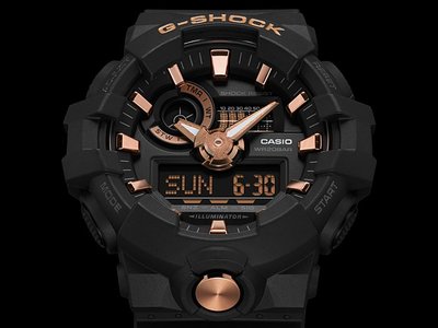 【金台鐘錶】CASIO 卡西歐G-SHOCK 鬧鈴電子錶 防水200米 (黑X玫瑰金) GA-710B-1A4