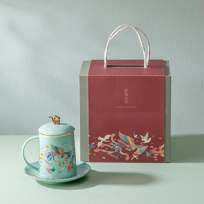 茶具 茶杯 陶瓷杯 馬克杯 中國風陶瓷馬克杯四件套禮盒過濾茶水分離百鳥朝鳳國潮風泡茶水杯