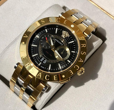 VERSACE V-Race 金色框 黑色面錶盤 金色配銀色不鏽鋼錶帶 石英 男士手錶 VEBV00519 凡賽斯腕錶