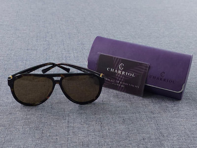 全新 瑞士品牌 CHARRIOL 深咖啡色鏡框/暗黃色鏡片 男性 飛官 太陽眼鏡 #4104 (一元起標 無底價)