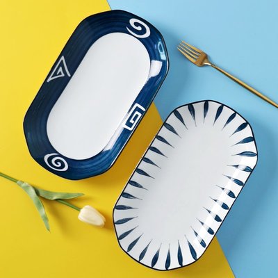 陶瓷長方形魚盤2只裝日式盤子家用北歐菜盤烤魚大號蒸魚盤釉下彩~特價
