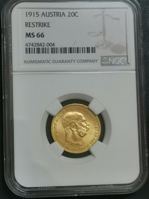 奧地利1915年20克朗金幣 ngc—66分。38766