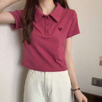 樹莓色短袖女日系正肩POLO衫T恤夏設計感小眾甜美韓系上衣小個子-羊城故事