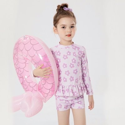 Momasong2022 新款 女童泳衣 可愛中兒童 女寶寶 分體三件式泳衣 紫色碎花設計